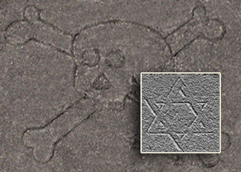 Symbolmontage: Davidstern und Totenkopf mit gekreuzten Knochen. 