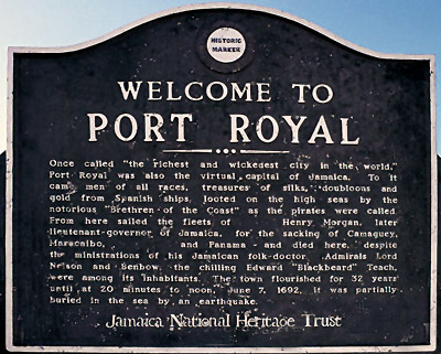 National Heritage Trust-Schild auf Jamaica. Die heimliche Hauptstadt der Piraten - das 1692 zerstrte Port Royal